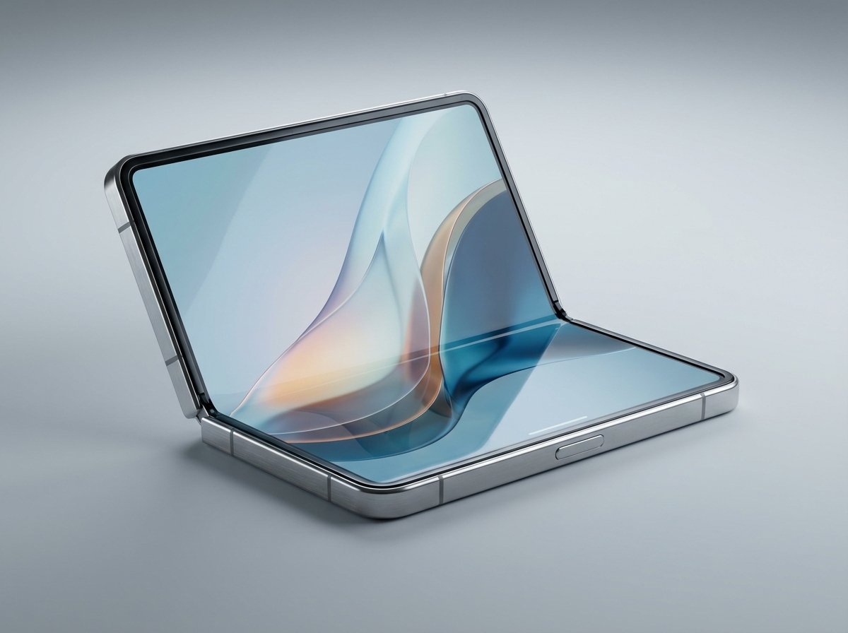 A futuristic and sleek foldable iPhone with a large seamless inner display, premium metallic finish, 4:3 aspect ratio screen, soft studio lighting, high resolution, realistic style, 4:3