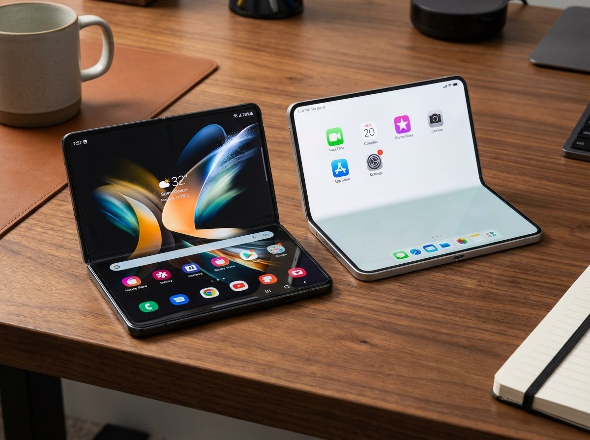 Two high-end foldable smartphones side by side, one with a Samsung aesthetic and one with an Apple aesthetic, both showing wide 4:3 inner screens, professional product photography on a wooden desk, 4:3