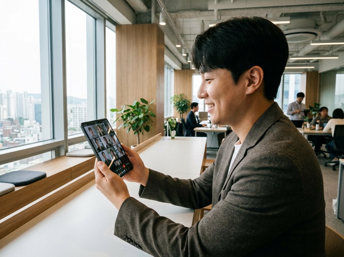 A Korean man in a modern office using a wide foldable smartphone for a video conference, natural light from a window, professional atmosphere, realistic photography, 4:3