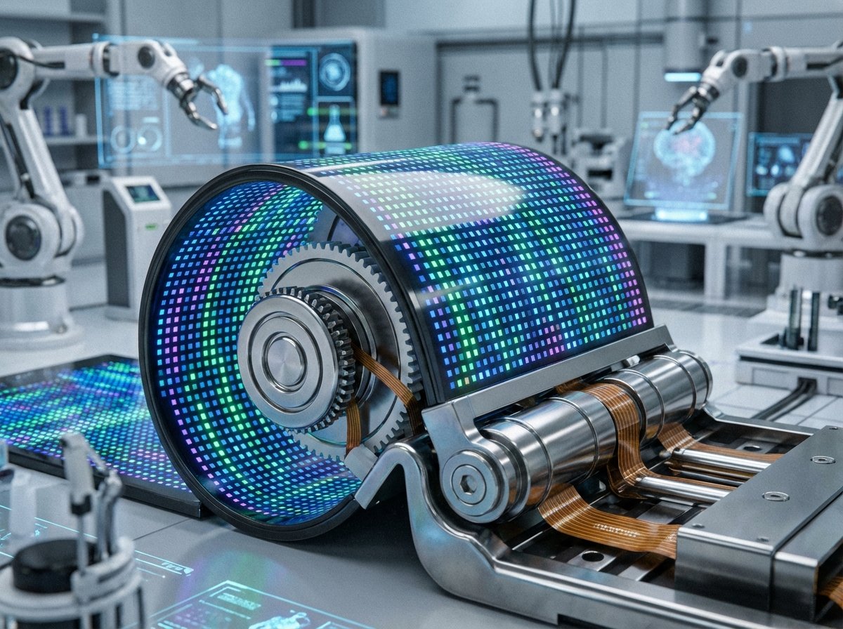 Close-up of a high-tech foldable OLED display hinge mechanism, glowing pixels, futuristic technology laboratory background, detailed composition, 4:3