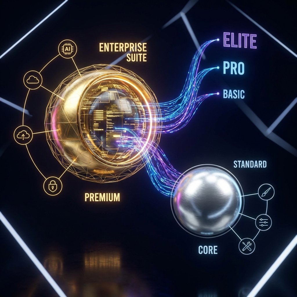 An artistic 3D rendering representing different levels of digital services. Two distinct glowing spheres of different sizes, one silver and one gold, floating in a clean dark space with geometric patterns. Modern high-contrast infographic style. 1:1