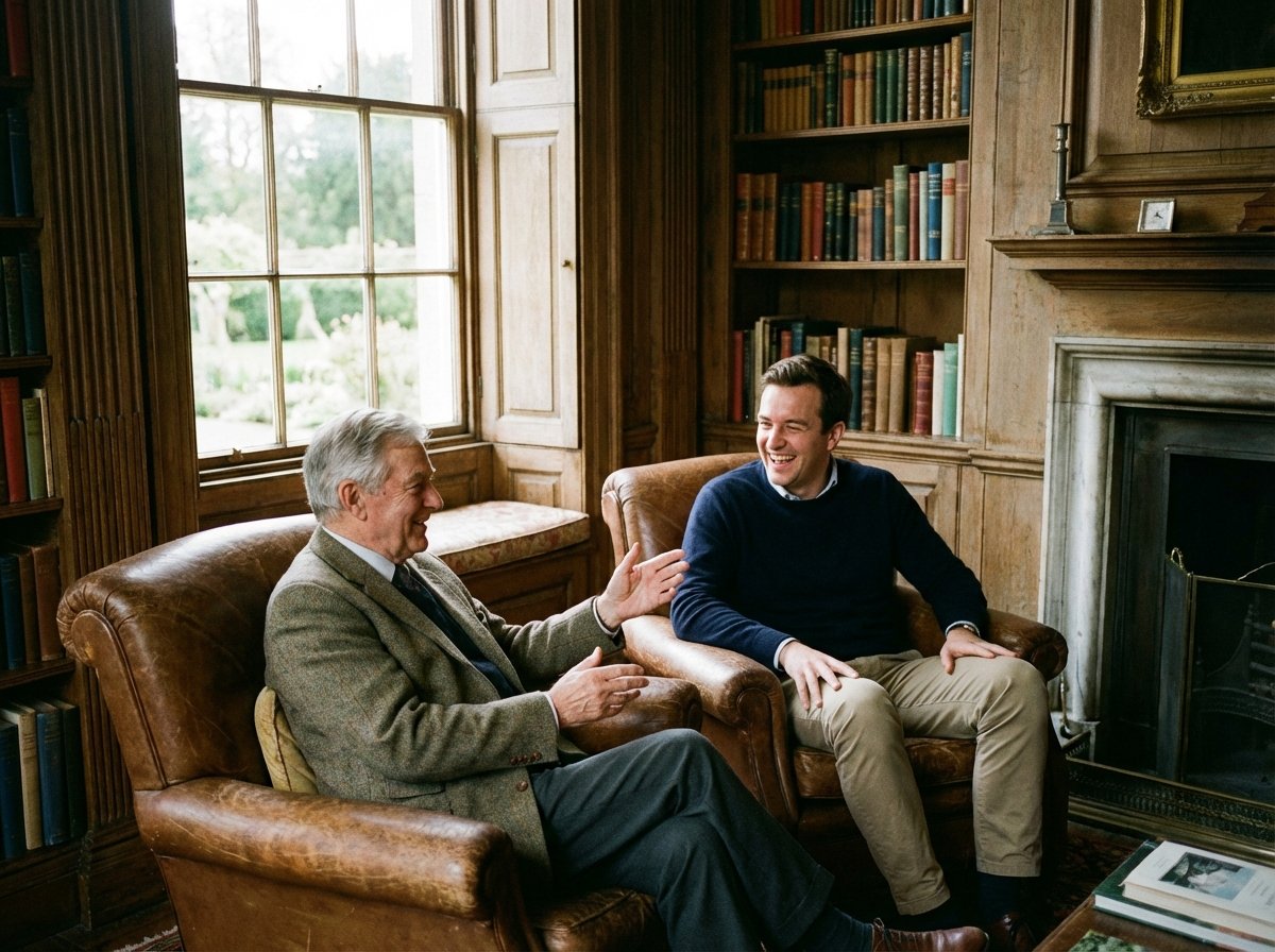 Two men, one younger and one older with gray hair, sitting in comfortable leather armchairs in a classic study-style office. They are engaged in a deep but friendly conversation, suggesting a mentor and student relationship. Natural lighting through a window. 4:3