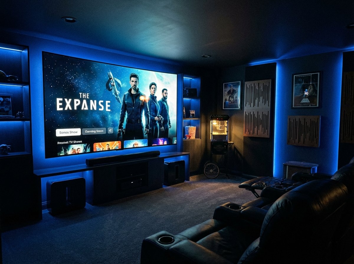 A modern home cinema setup with a high-end soundbar and a large screen. The environment is dark with subtle ambient blue lighting, focusing on the immersive experience of watching a high-quality TV show. 4:3
