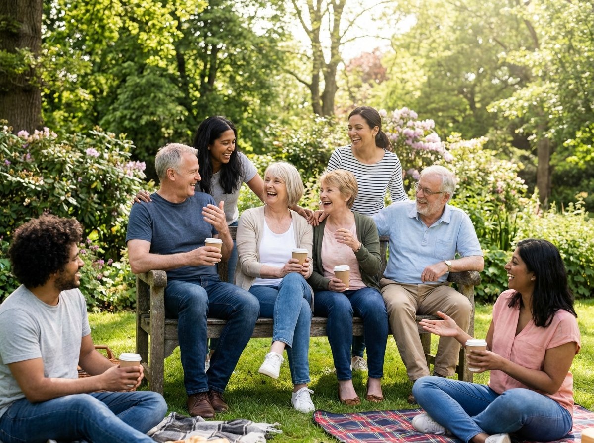 A group of diverse people in their 30s to 70s sitting together in a lush green park, laughing and sharing stories. The scene captures a sense of community, friendship, and emotional support. Vibrant and natural colors. 4:3