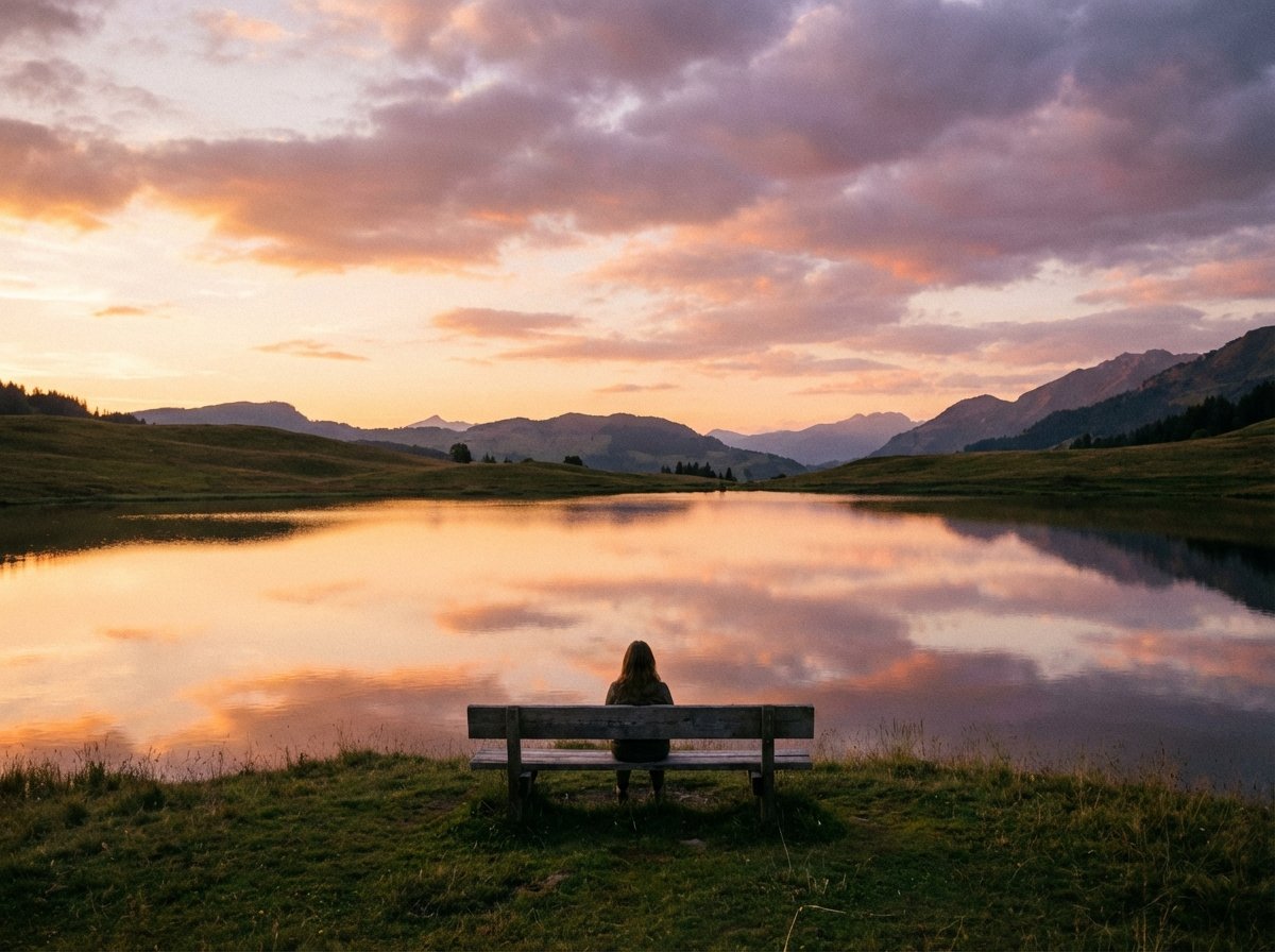 A peaceful landscape at sunset with a single wooden bench overlooking a calm lake. The sky is filled with soft orange and purple hues, representing a moment of quiet reflection and emotional healing. 4:3