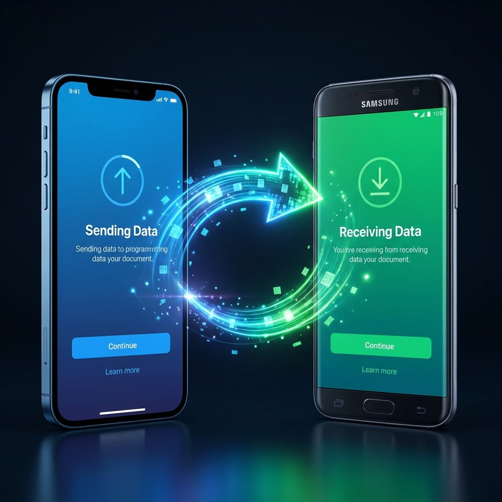 An iPhone and a Samsung Galaxy smartphone placed side-by-side with a glowing digital arrow between them symbolizing seamless data transfer. Vibrant blue and green light effects. 1:1