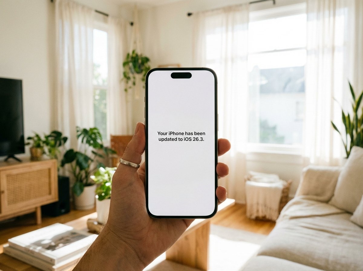 An iPhone screen displaying the message Your iPhone has been updated to iOS 26.3. The phone is held by a hand in a bright and airy room. 4:3