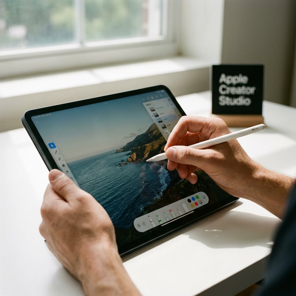 Close up of a person's hands using an Apple Pencil to edit a photograph on an iPad Pro, high translucency user interface inspired by Pixelmator Pro, soft natural daylight, realistic, 1:1, Apple Creator Studio