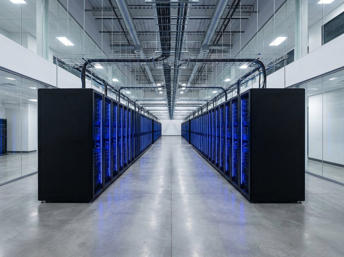 Interior of a massive modern data center with rows of high-performance server racks, glowing blue LED lights, symmetrical perspective, clean and high-tech environment, 4:3
