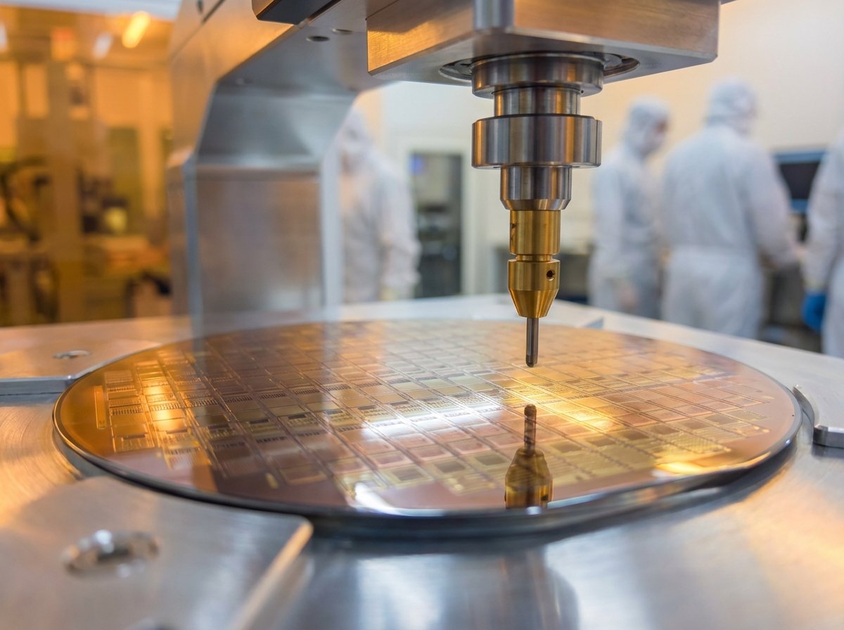 Close-up of a silicon wafer during manufacturing process in a clean room, robotic precision, golden and metallic lighting, highly detailed microstructures, 4:3