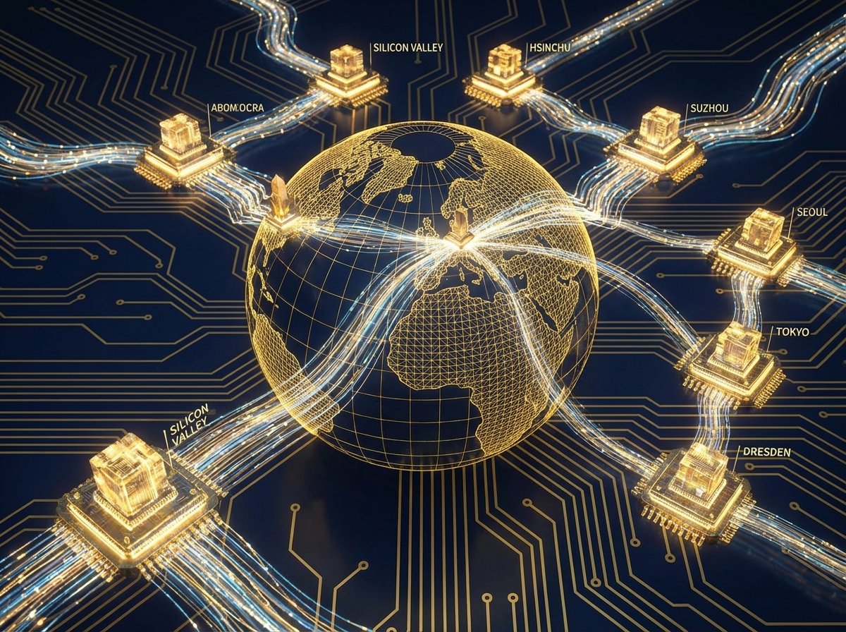 Abstract digital visualization of a global tech network, glowing nodes representing semiconductor hubs, dark blue background with gold accents, futuristic and interconnected, 4:3