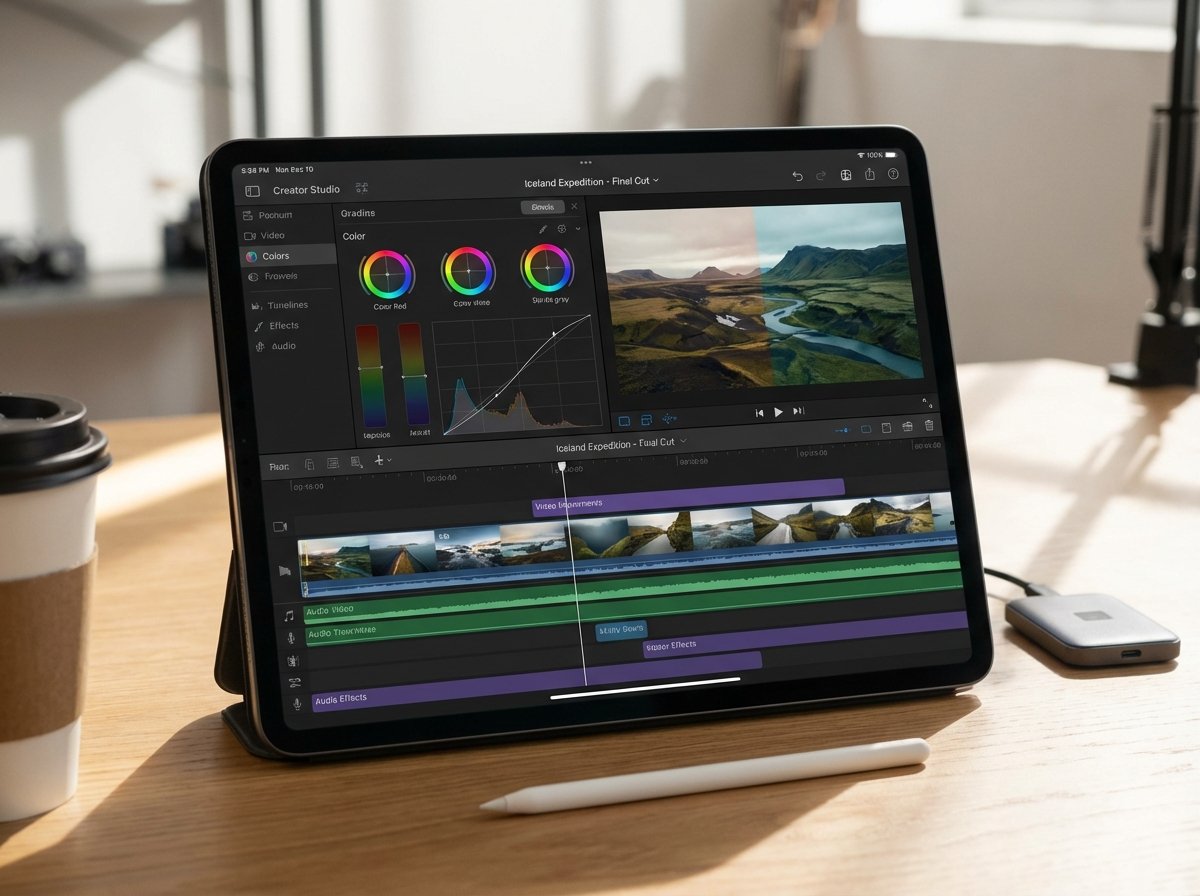 A professional digital creative workspace on an iPad screen showing the Apple Creator Studio app interface with video editing timelines and color grading tools. Modern and clean aesthetic. 4:3