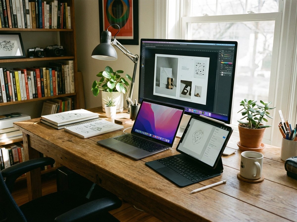 Multiple Apple devices including a MacBook Pro, an iPad with Magic Keyboard, and an Apple Pencil arranged neatly on a wooden desk. Professional creative studio vibe. 4:3