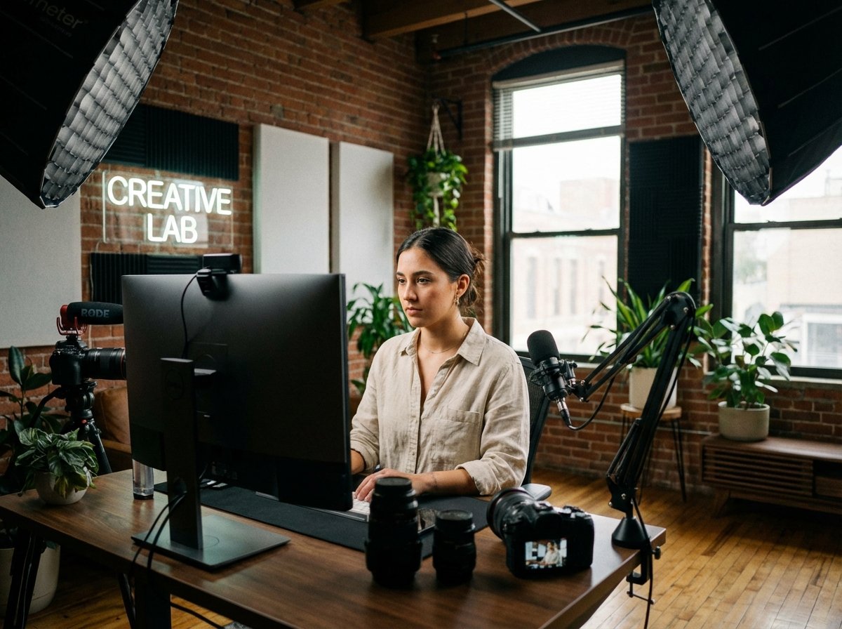 A professional content creator working in a stylish studio. Focused expression, high-quality lighting, and a cinematic atmosphere. 4:3