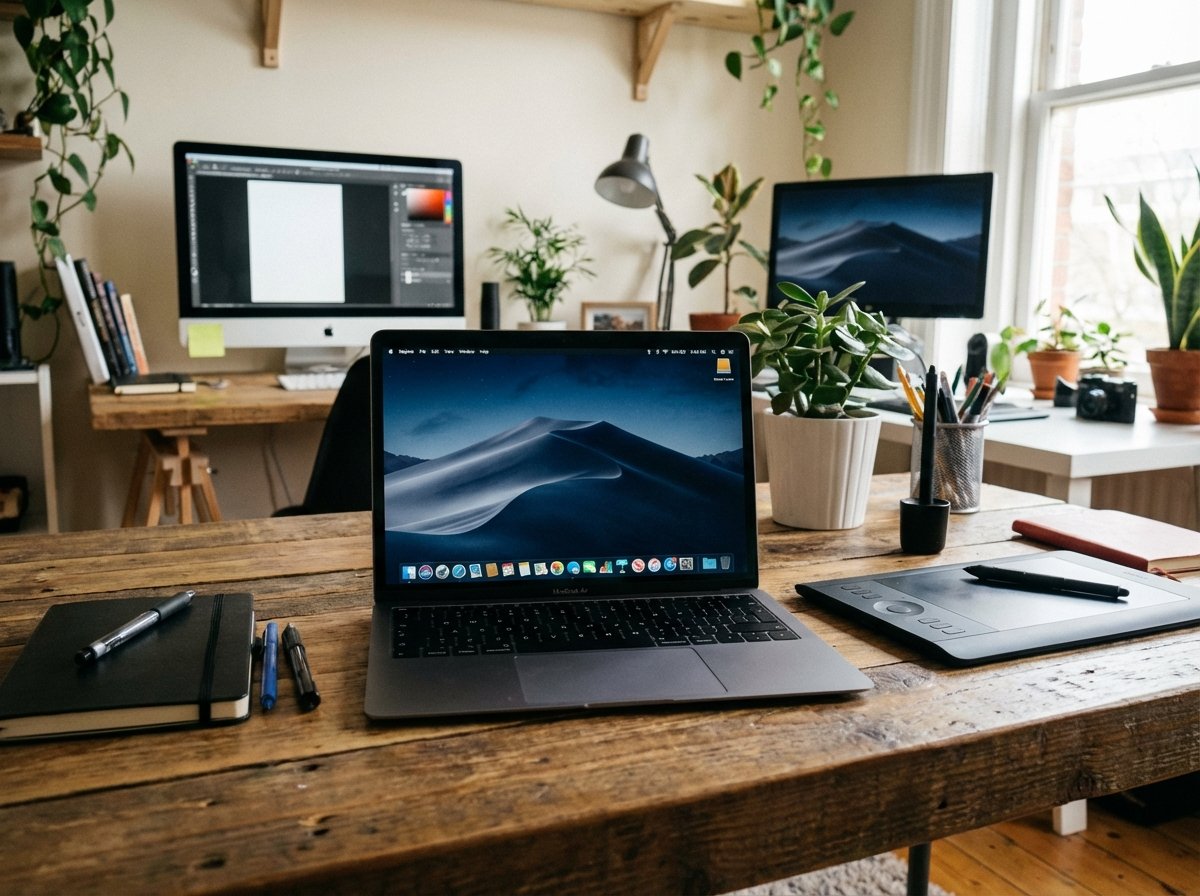 A modern MacBook Air on a wooden desk displaying the macOS Mojave dark mode wallpaper, professional creative studio environment, 4:3