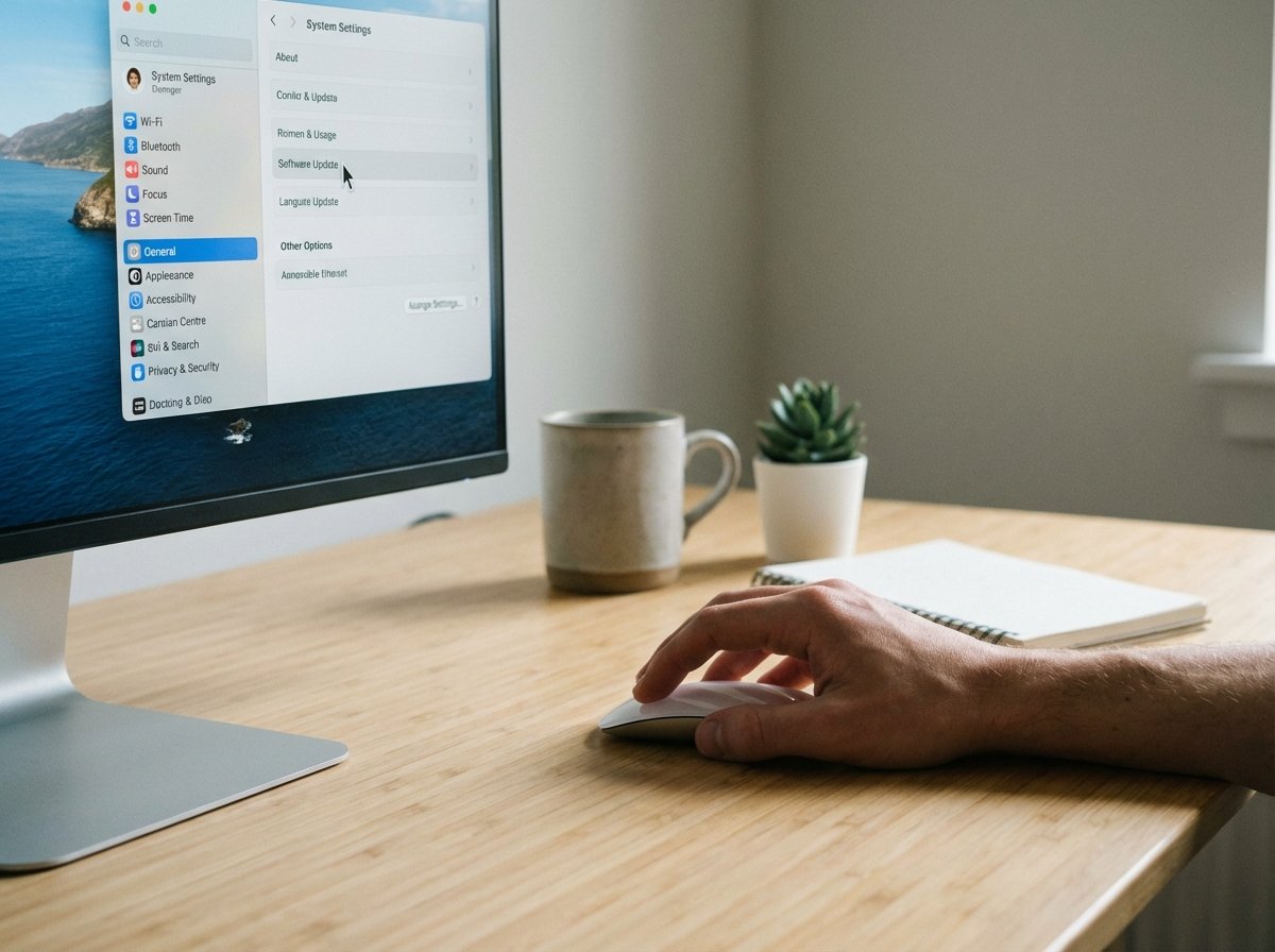 Close up of a person's hand using a magic mouse to click on the Software Update menu in macOS System Settings, clean minimalist office desk, 4:3