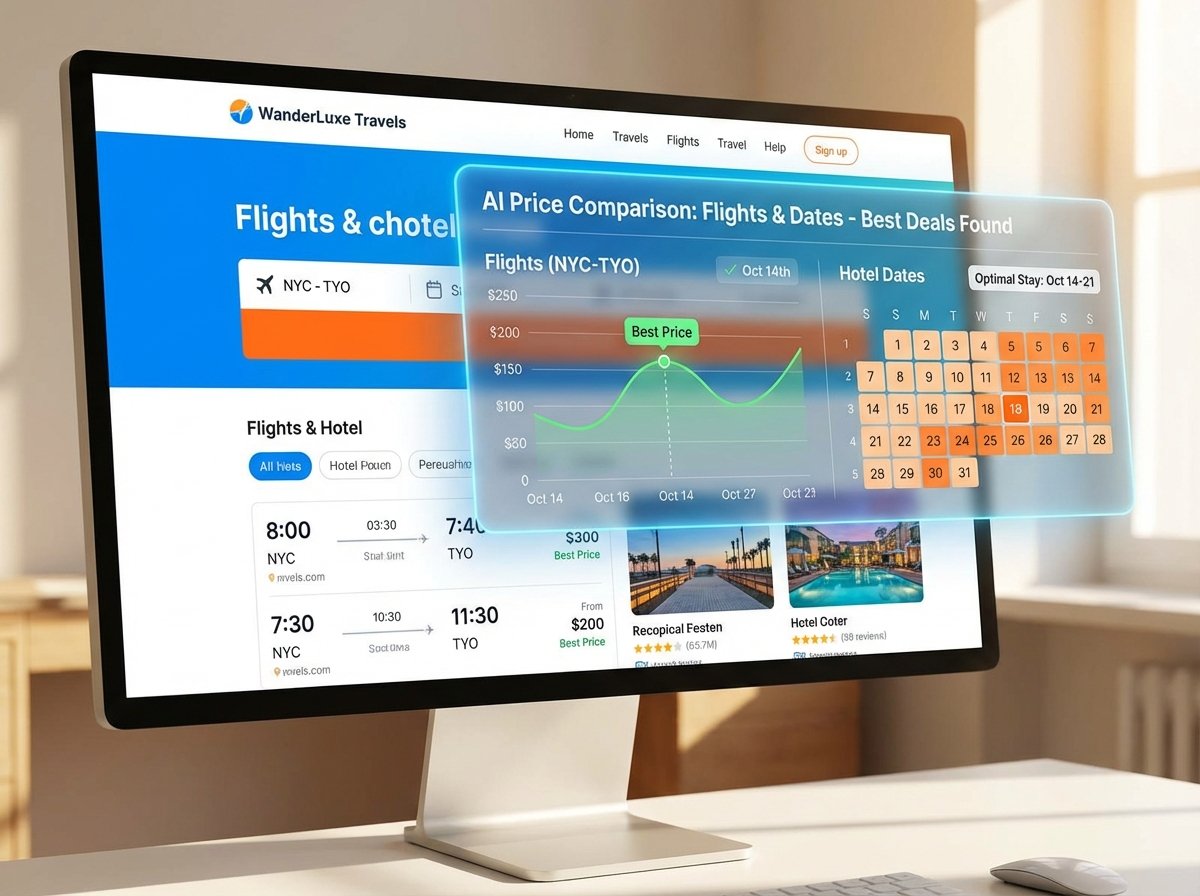 A travel booking website interface on a desktop with a translucent AI overlay comparing flight prices and hotel dates, bright UI design, high contrast, 4:3
