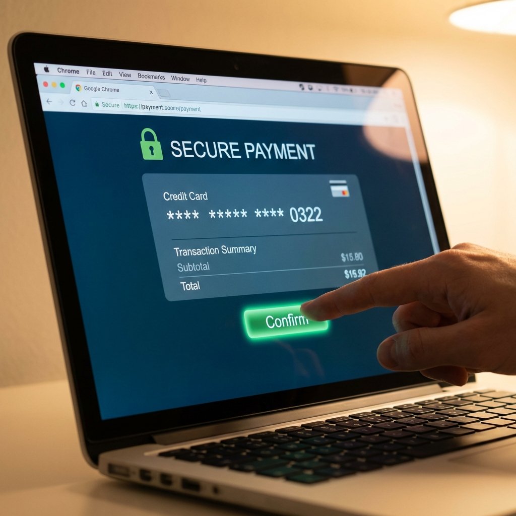 Close-up of a human hand clicking a confirm button on a secure digital payment screen in Chrome browser, privacy and security concept, soft lighting, 1:1