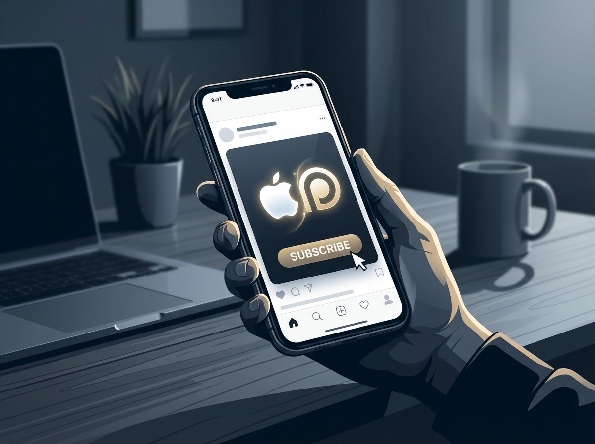 A professional digital illustration showing a smartphone screen with a subscription button and the logos of Apple and Patreon interacting in a modern workspace. High contrast, clean layout, 4:3