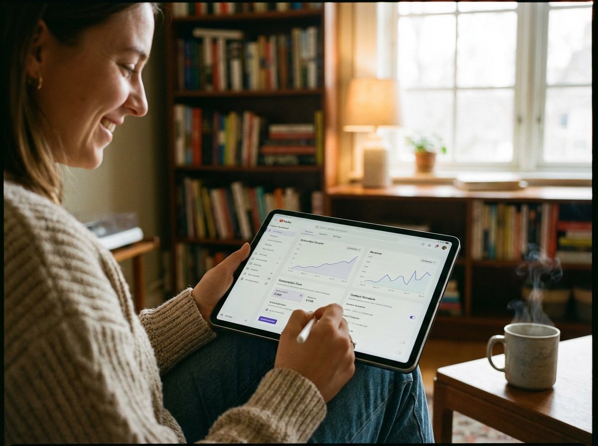 A person using an iPad to manage a creator dashboard with charts and subscription settings, warm indoor lighting, lifestyle photography, 4:3