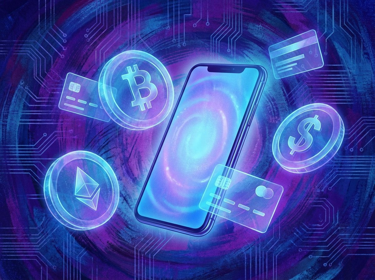 An artistic rendering of digital coins and credit card icons floating near a smartphone, glowing blue and purple tones, textured background, 4:3