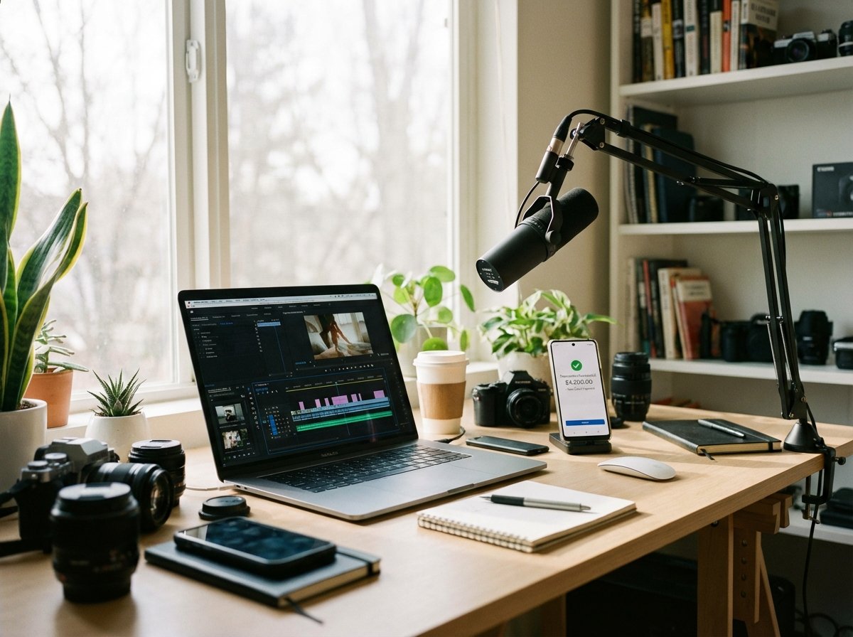 A detailed composition of a creator desk with a laptop, microphone, and a phone showing a successful transaction notification, bright balanced lighting, 4:3