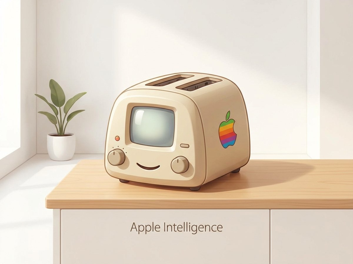 Conceptual illustration of a simple retro Macintosh computer shaped like a friendly kitchen toaster in a bright clean minimalist studio Apple Intelligence 4:3