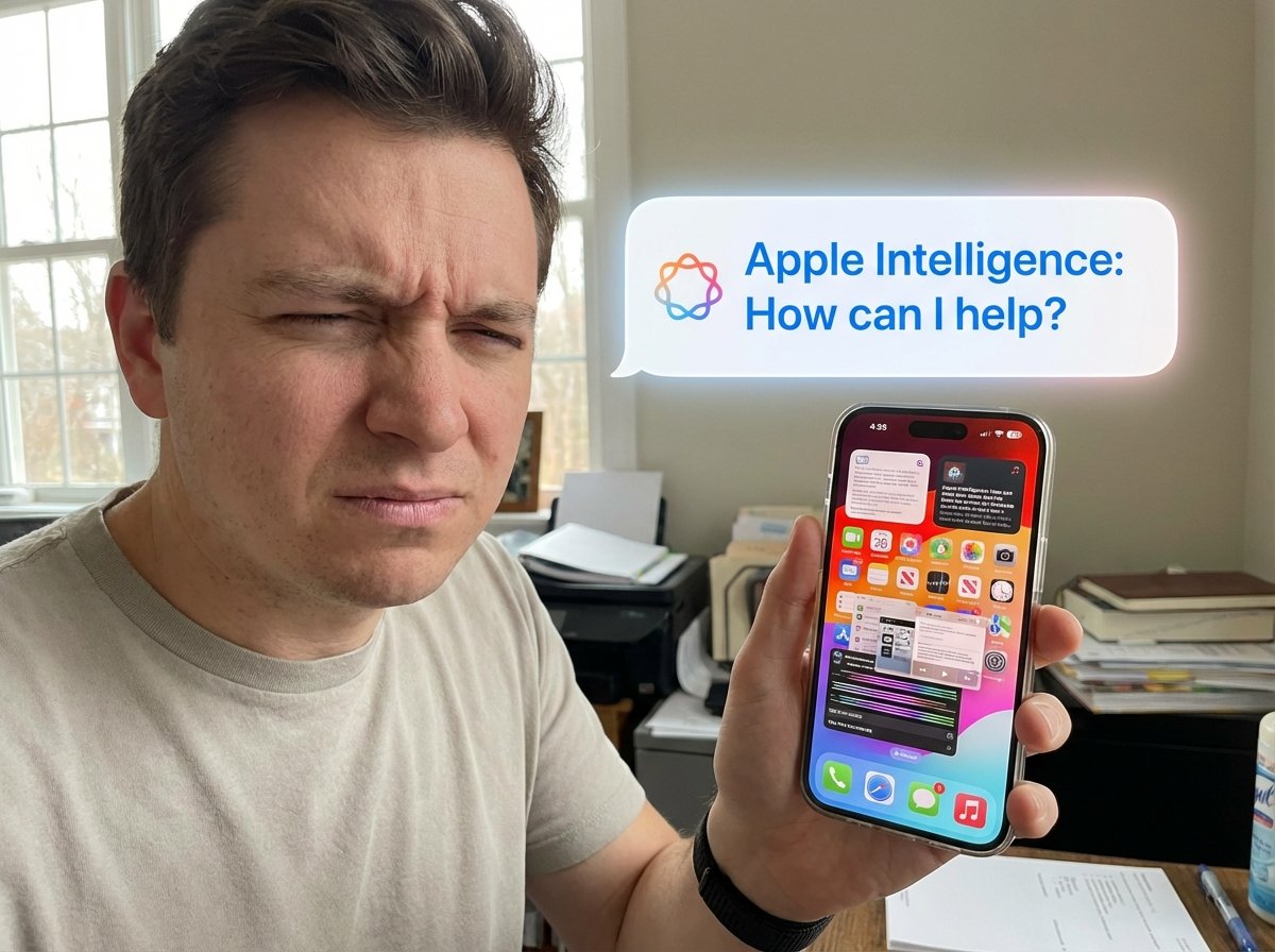 A person looking confused at a smartphone screen filled with many tiny menu options and layers contrasting with a clean speech bubble for a digital assistant Apple Intelligence 4:3