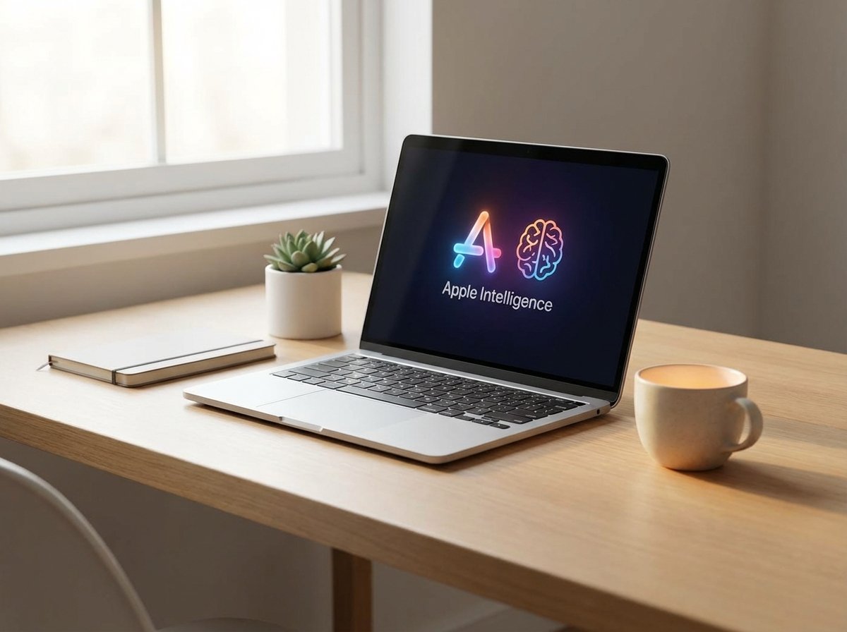A minimalist workspace with a thin laptop and a cup of coffee glowing with soft light representing a peaceful and easy user experience Apple Intelligence 4:3