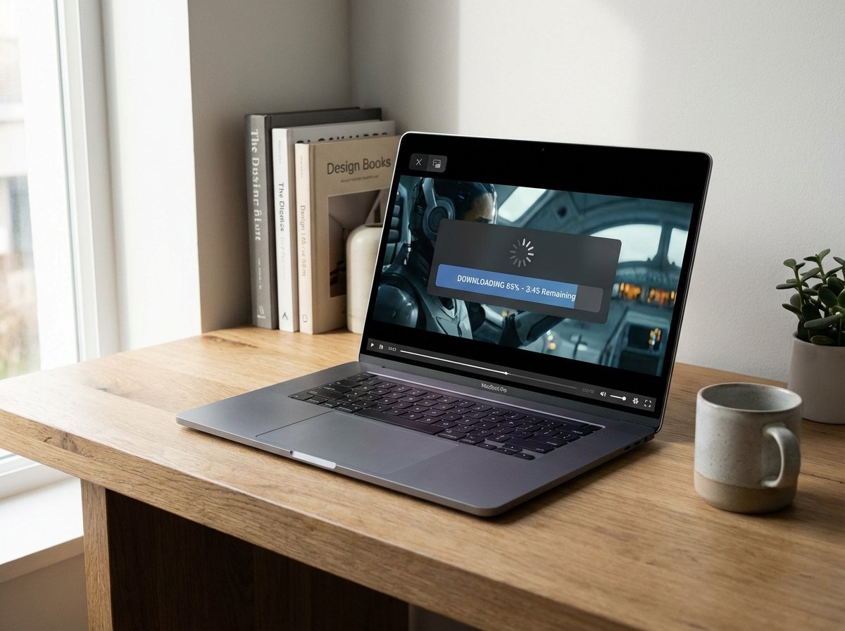 A sleek MacBook Pro on a clean wooden desk showing a video playback interface with a download progress overlay, soft natural lighting, high-tech aesthetic, 4:3