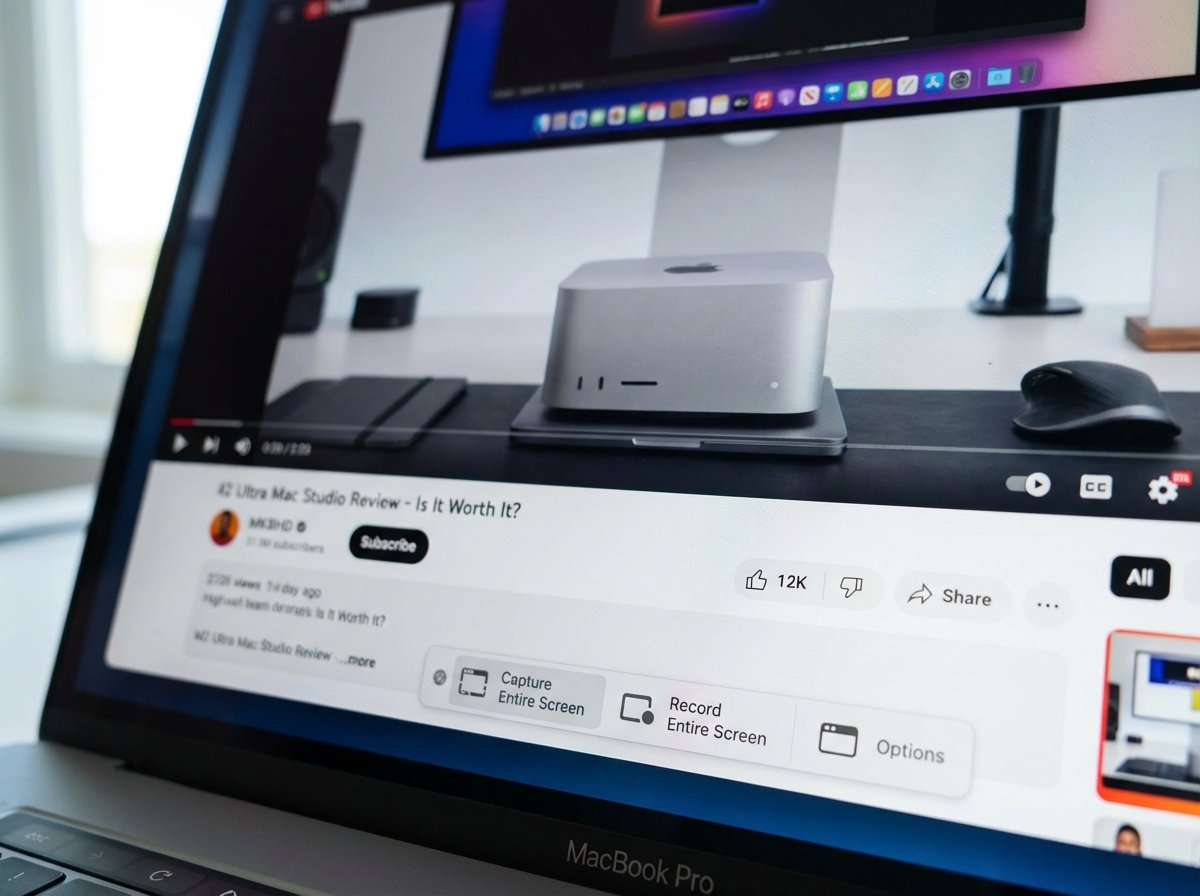 A close-up shot of a Mac screen showing the screen recording toolbar (Command+Shift+5) with a YouTube video playing in the background, clean and professional, 4:3
