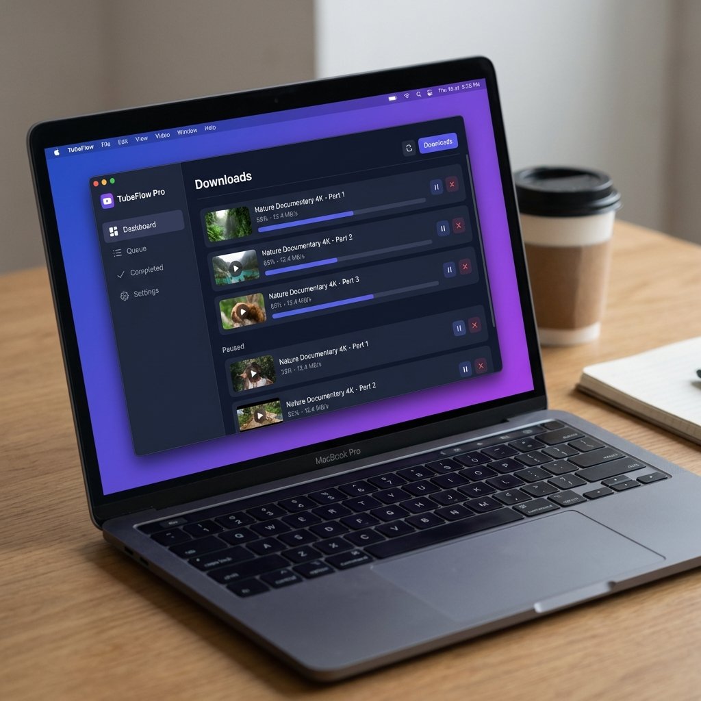 A professional YouTube video downloader app interface on a MacBook screen showing multiple download queues with thumbnails, modern UI design, 1:1