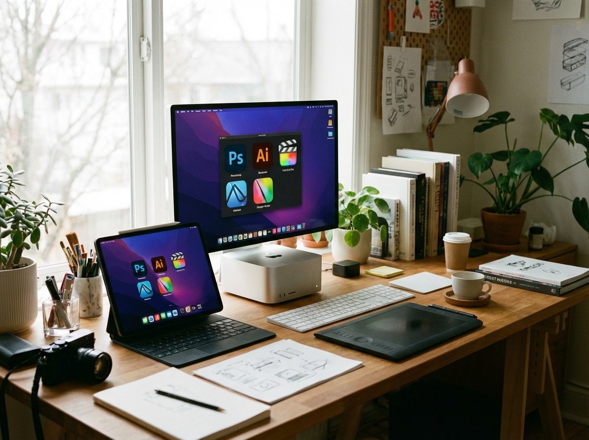 A professional creative studio setup featuring a Mac Studio and an iPad Pro displaying creative software icons, soft natural lighting, realistic creative environment, 4:3