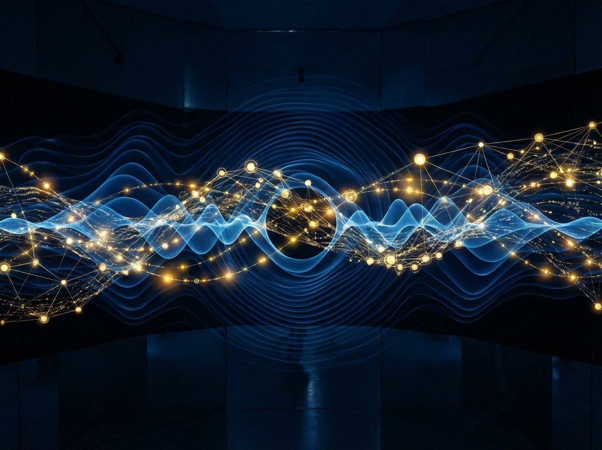 An abstract and artistic visualization of sound waves and neural network nodes, deep blue and glowing gold colors, modern technology concept, 4:3