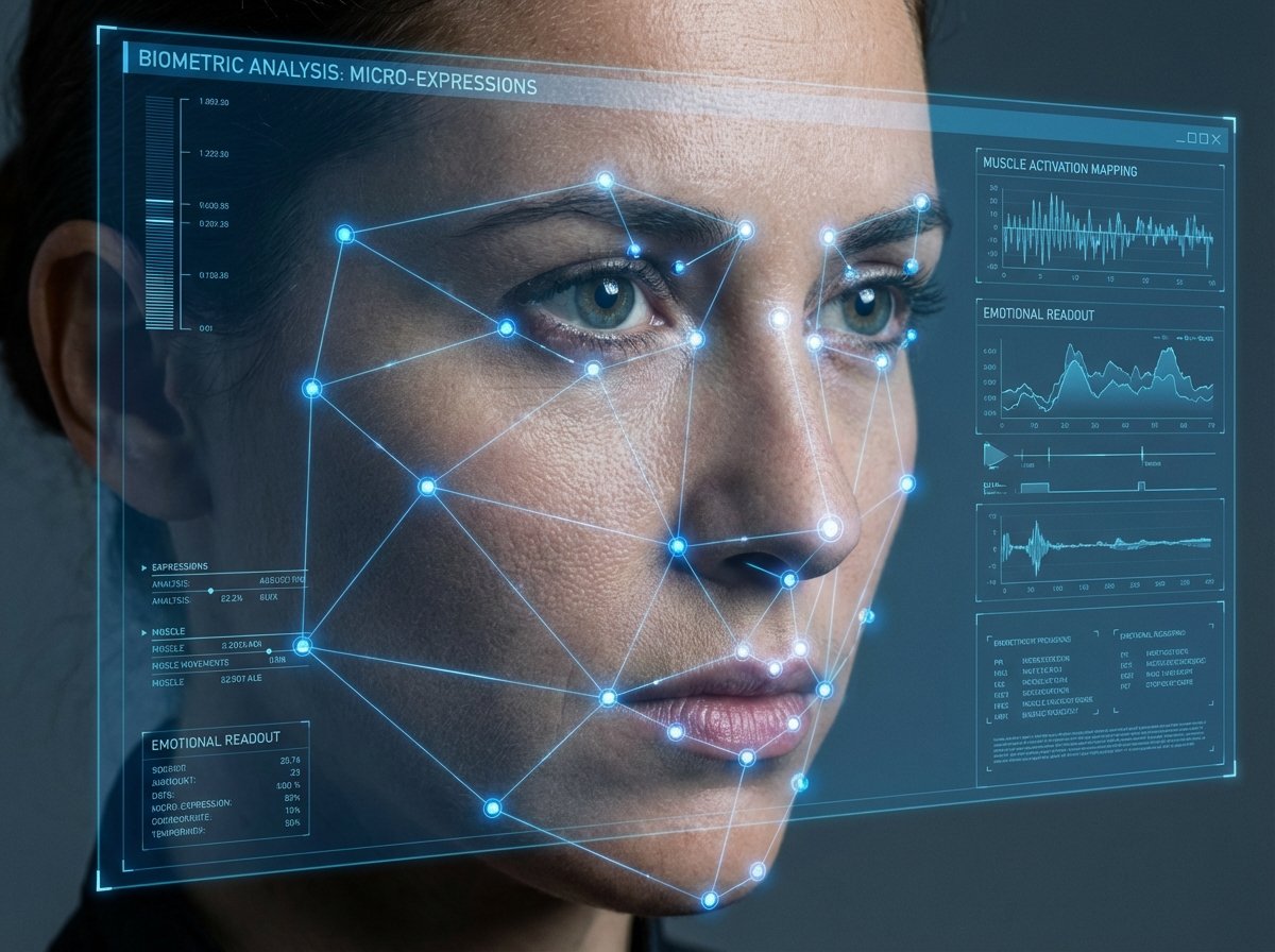 A high-tech digital scan of a human face showing glowing nodes and connection lines focusing on micro-expressions and muscle movements, biometric analysis concept, futuristic blue interface, realistic skin texture, 4:3