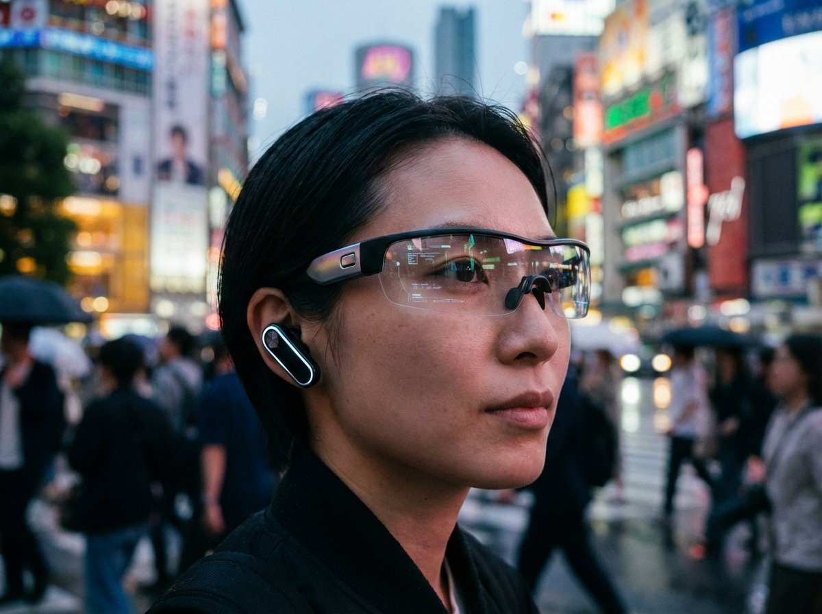 A close-up of a person wearing futuristic sleek earbuds and augmented reality glasses in a busy city environment, looking calm and focused, soft cinematic lighting, high quality photography, 4:3