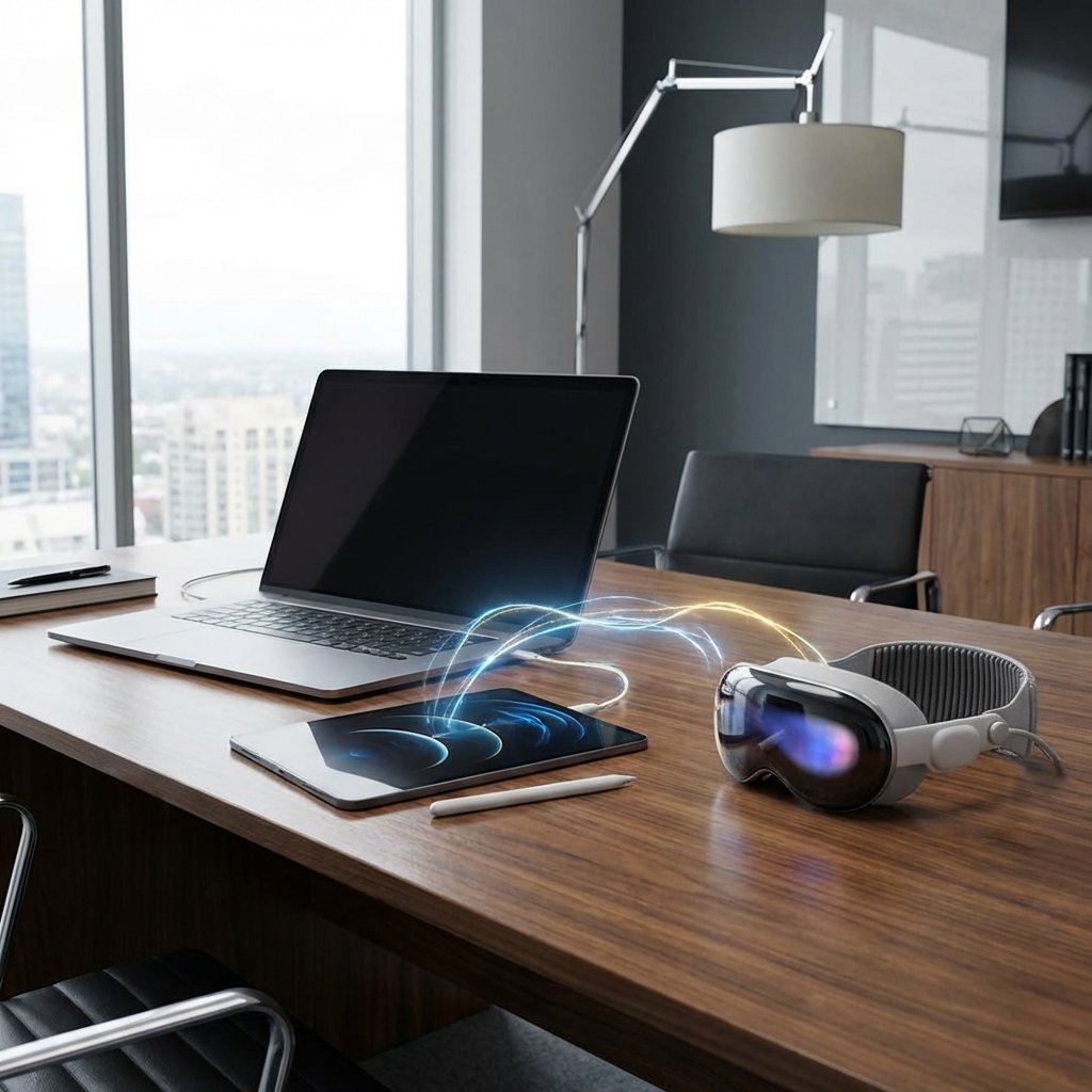 A premium workspace setting with a laptop, tablet, and spatial computer headset arranged neatly, connected by subtle glowing energy lines representing a unified AI ecosystem, professional lighting, 1:1