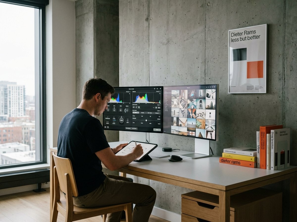 A professional human interface designer working in a minimalist modern studio with high-end monitors showing a sleek and complex camera application UI. The atmosphere is professional and creative. 4:3