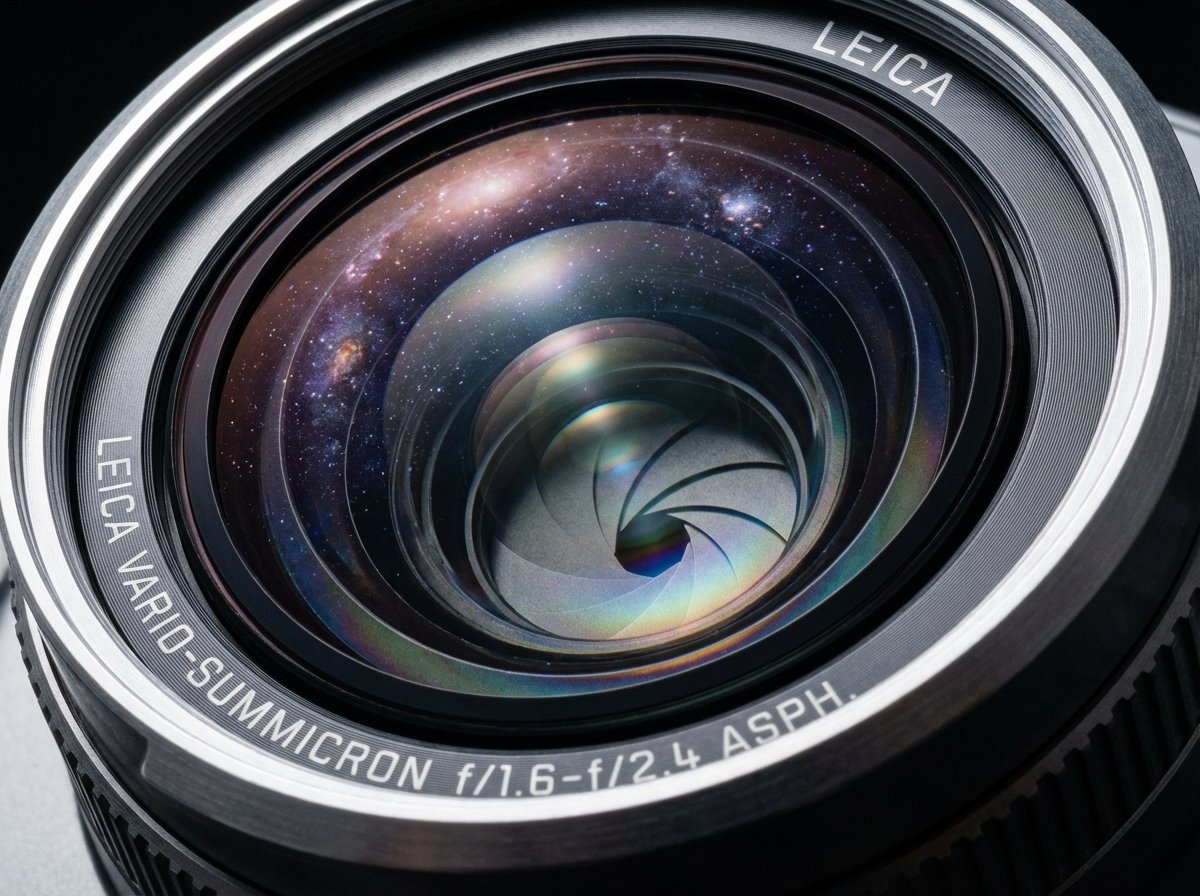 Close-up macro shot of a high-end smartphone camera lens showing intricate glass elements and light reflections. Professional lighting and sharp details. 4:3