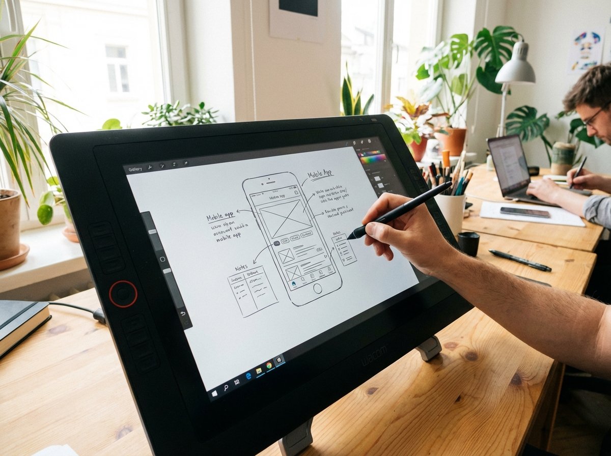 A hand using a stylus to draw a mobile app interface layout on a digital tablet screen in a bright creative workspace. Natural lighting. 4:3