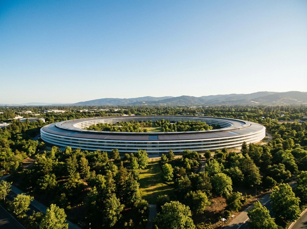 A cinematic wide angle view of the Apple Park spaceship campus in Cupertino under a clear blue sky with green trees. 4:3