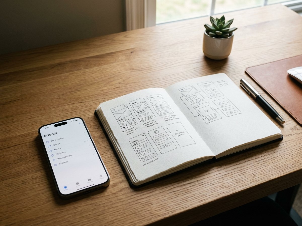 A minimalist wooden desk featuring a modern smartphone next to a physical sketchbook filled with interface design wireframes. Elegant and professional setup. 4:3