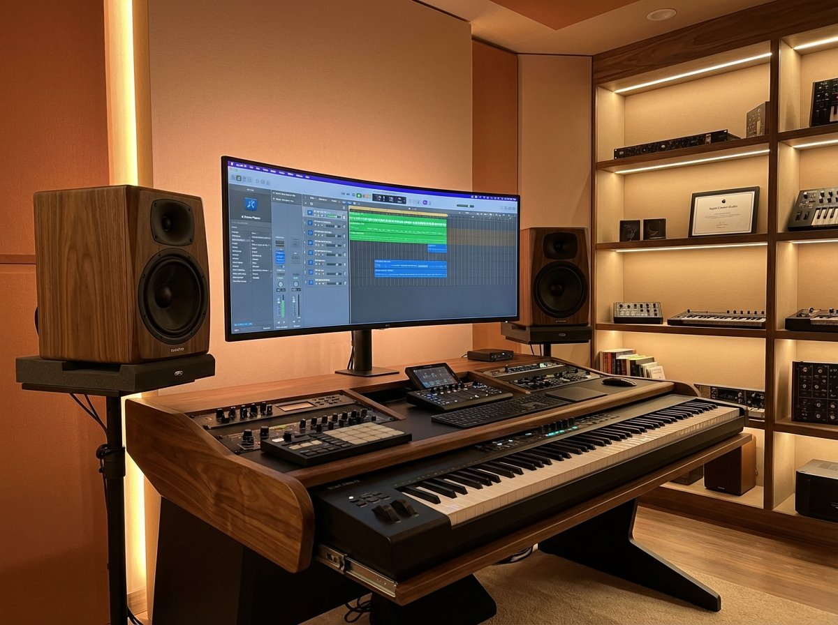 음악 스튜디오에서 로직 프로를 실행 중인 모습