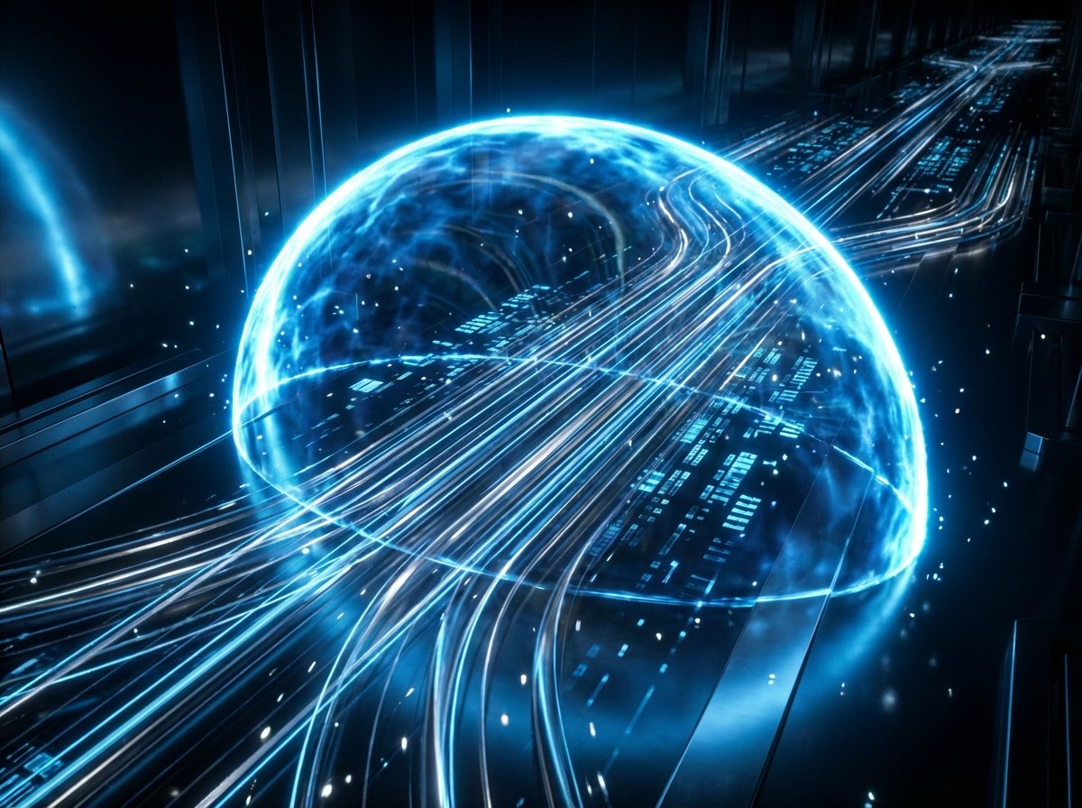 데이터 흐름과 프라이버시 보호를 상징하는 추상적인 이미지