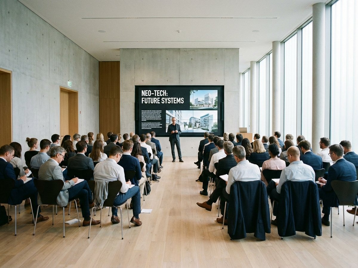 기술 컨퍼런스에서 제품 설명을 듣는 사람들