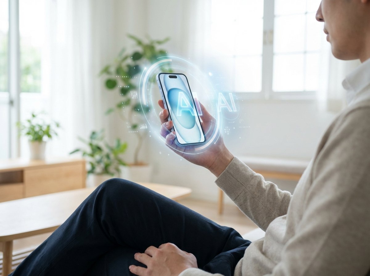 A modern person using an iPhone with glowing digital aura representing Apple Intelligence, clean indoor background, natural lighting, high resolution, 4:3