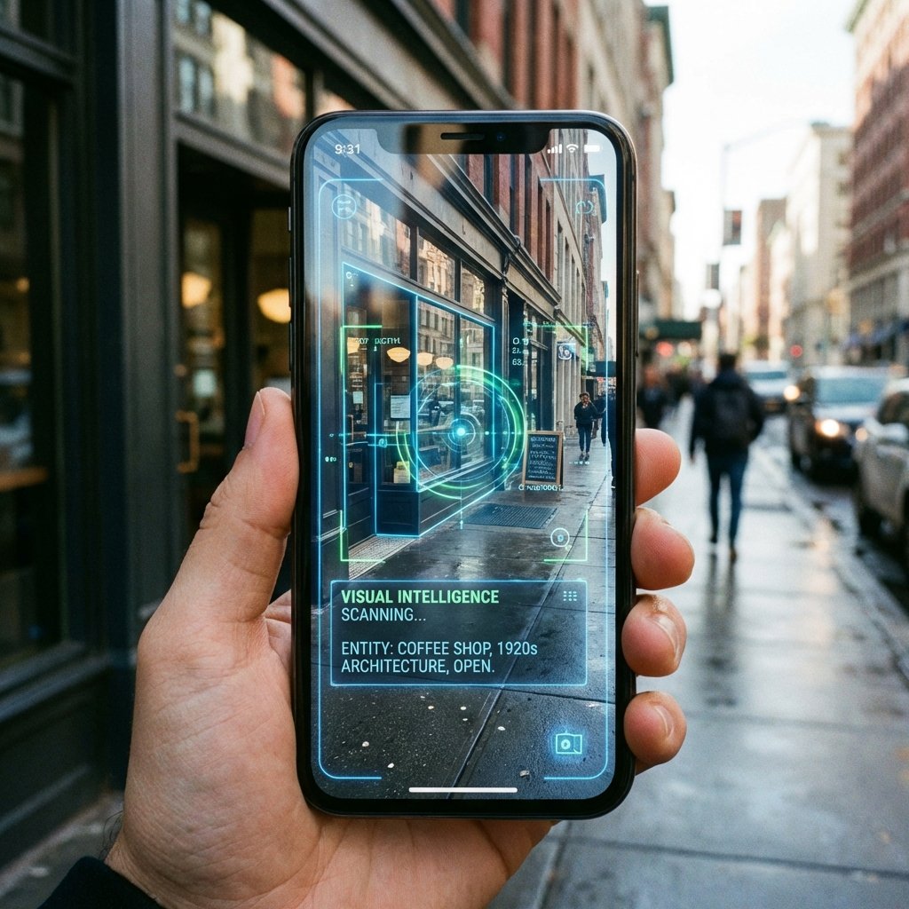 Close up of a smartphone screen displaying visual intelligence scanning a store front, futuristic interface, outdoor city street, realistic lighting, 1:1