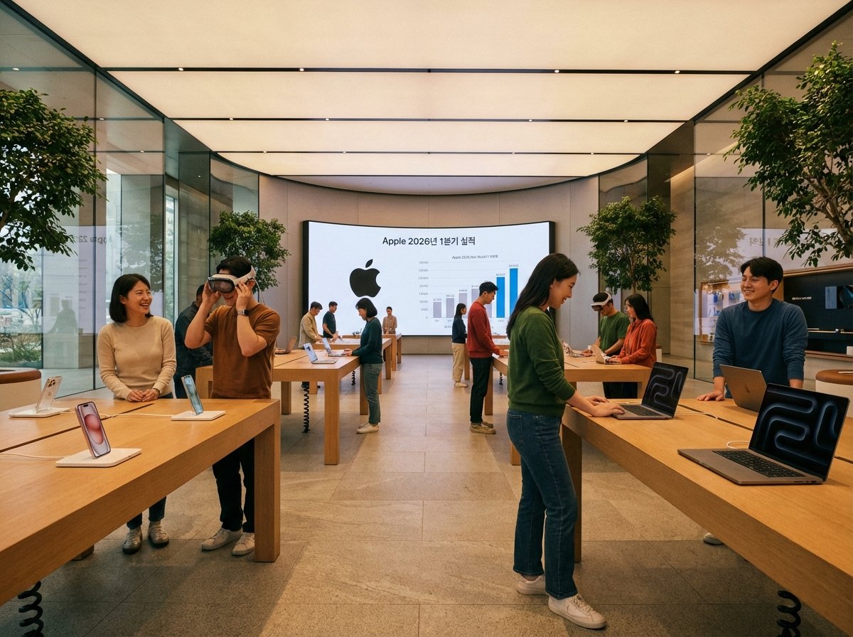 Modern Apple Store interior with sleek design high-end electronics display warm lighting cinematic wide angle view Apple 2026년 1분기 실적 4:3
