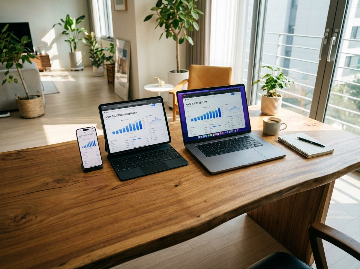 High angle view of a modern wooden desk with iPhone iPad and MacBook Pro working together in a seamless ecosystem natural daylight bright atmosphere Apple 2026년 1분기 실적 4:3