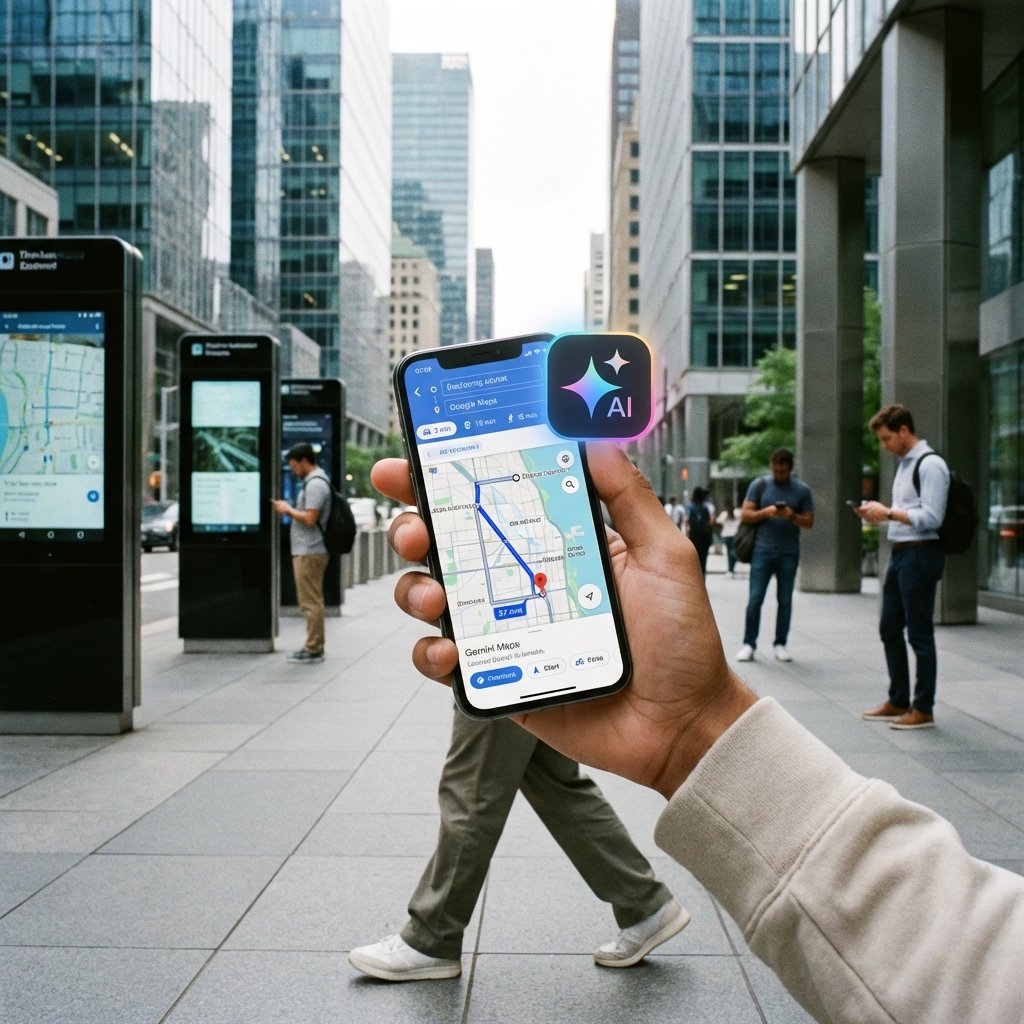 A person walking on a city sidewalk holding a smartphone showing Google Maps interface with a prominent Gemini AI icon. The atmosphere is modern and tech-oriented. High quality lifestyle photography, natural daylight. 1:1
